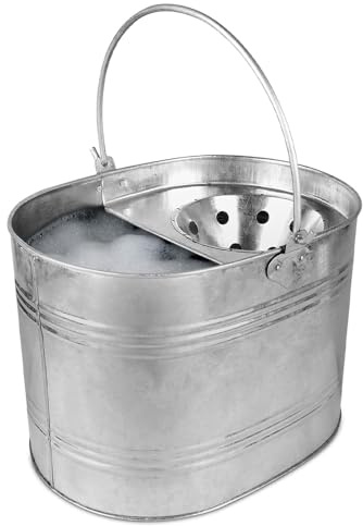 Galvanised Metal Mop Bucket With Wringer - 16L Heavy Duty Thick Metal Steel Bucket For Home, Office, General Cleaning