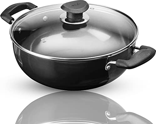Vinod Hard Anodized Kadhai 7 Liters(7.3 Quarts) – Stainless Steel Lid – 30cm – Suitable for Indian Cooking, Sauces, Stews - Large Saucepan – Multi-Use Deep Wok/Pot – Riveted Handles – Round Bottom