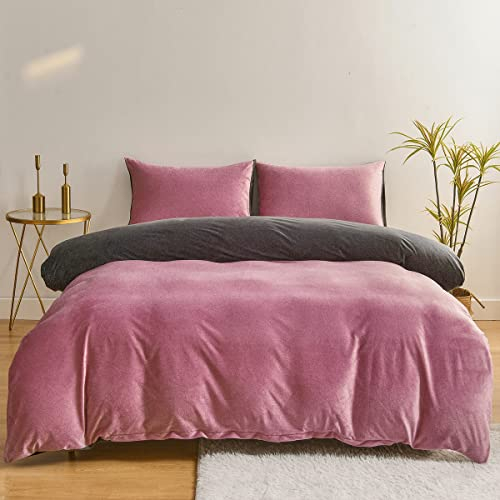 Chanyuan Flauschige Bettwäsche 200x220cm Plüsch Cashmere Touch Rosa Altrosa Lila Grau Wendebettwäsche Set 3 Teilig Warm Kuschelig Coral Fleece Bettbezug mit Kissenbezug 80x80cm