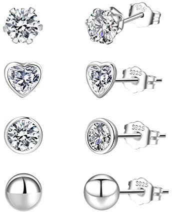 PABBEU 4 Pairs Sterling Silver Stud Earrings Hypoallergenic Tiny Cartilage Small Heart Silver Stud Earrings for Women Set With Cubic Zirconia For Men 4mm