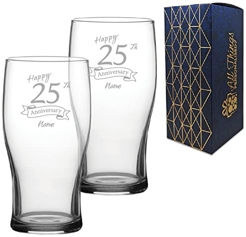 Personalised Engraved 25th Anniversary Glass Set of Two, Tulip Pint 20oz Glass, Engraved in The UK, Personalise with Any Name, Thoughtful Customised Gift