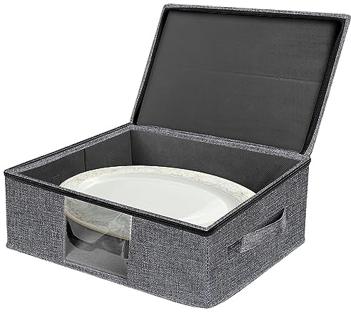 Platter Storage Case - Plate Storage Containers with PVC Windows,16.5“x12.6x5.5'', Stackable China Storage Containers Hard Shell,4 Felt Dividers Included for Dish,Plate, Dinnerware and Transport(Gray)