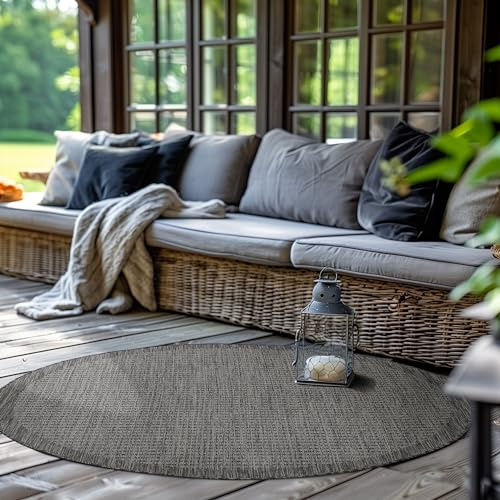 SIMPEX In- & Outdoor Teppich Wetterfest 200 cm Rund Einfarbig Schwarz - Waschbar, Wasserfest, Pflegeleicht und Flachgewebe - Ideal für Balkon, Garten, Terrasse und als Küchenteppich
