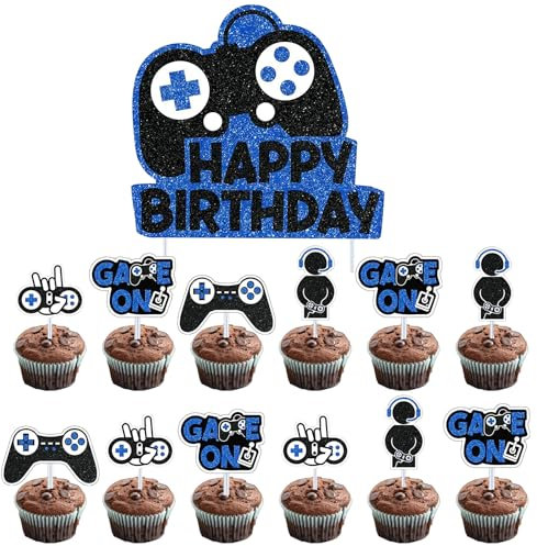 13 Stück Videospiel Kuchenaufsatz Gaming Dekoration, Spielkonsolen Thema Cupcake Topper, Gamer Deko, Kinder Tortenaufleger für Kinder Party Dekoration, Kindergeburtstag (Blau)