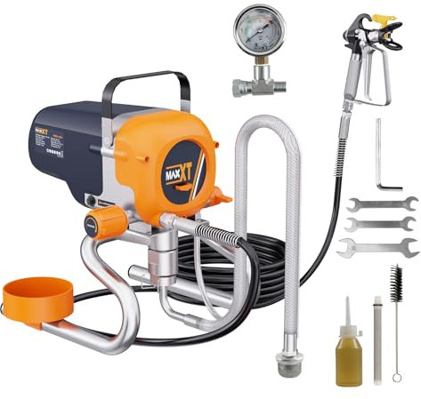 MAXXT Airless Paint Sprayer Airless 226Bar 1200W, 11.6L/min Flow with 7.5m Hose, Lightweight 6.7kg, for Water-Based Paint & Varnish (120DIN-s), 220-240V - Interior Walls, Furniture, Verbessertes