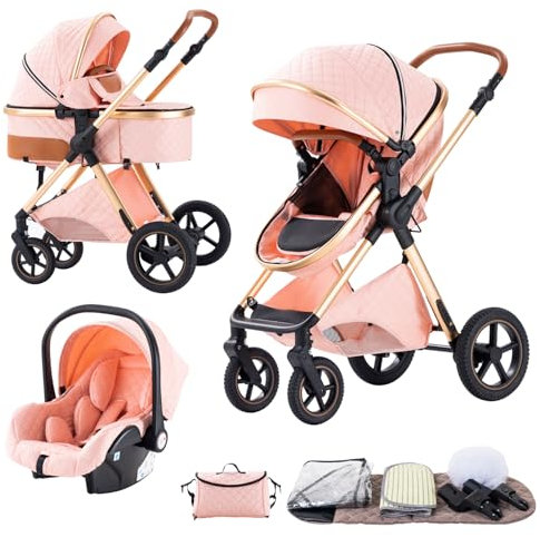BEBBY passeggino trio, combinazione passeggino 3 in 1 cittadino con passeggino portatile con neonato pieghevole di lusso con modello ad alta vista (Pink, H2)