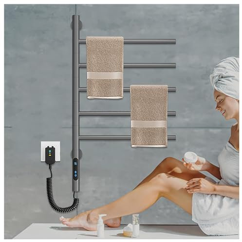 LMHAUSS Portasciugamani Elettrico da Terra con Rotazione di 180° Display Timer Controllo costante della Temperatura Portasciugamani riscaldato Grigio Plug-in/cablato per Bagno Vigorous