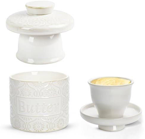 Mantequera francesa de cerámica con tapa, refrigerada por agua, con línea de flotación, mantequera de porcelana en estilo tarro de conserva, para mantequilla fresca y untable, color blanco
