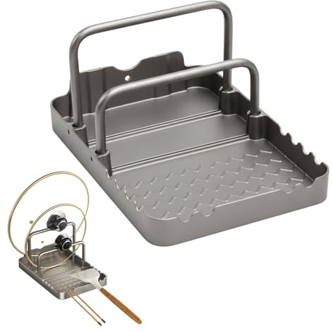 MiOYOOW Supporto per Coperchio di Pentola in Alluminio, Porta Coperchi Antiscivolo con Poggia Cucchiaio, Organizer Regolabile da Cucina per Teglie da Forno, Pentole, Piano Cottura, Barbecue