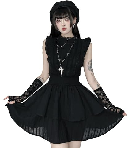 DINGJIUYAN Robe d'été pour femme - Manches volantes - Col floral - Noir - Robe empire gothique Steampunk Y2k, Noir , M