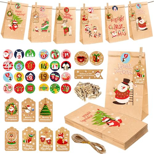 YOOSI Calendario de Adviento para Rellenar, 24 calendarios de Adviento para rellenar con pegatinas de Navidad, Calendario Adviento Rellenable Diy