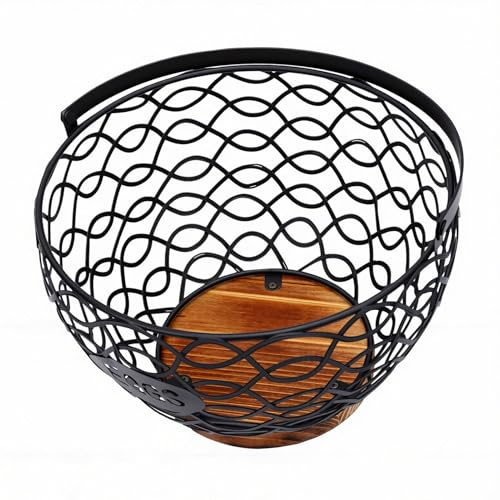 Yosoo Health Gear Äggkorg Tråd Metall Bänkskiva Ägghållare med Träbotten 8,1 X 5,5 X 4,7 i Hollow Mesh Ägguppsamlingskorg med Handtag för Köksbänk Farm Egg Lagring (Svart)