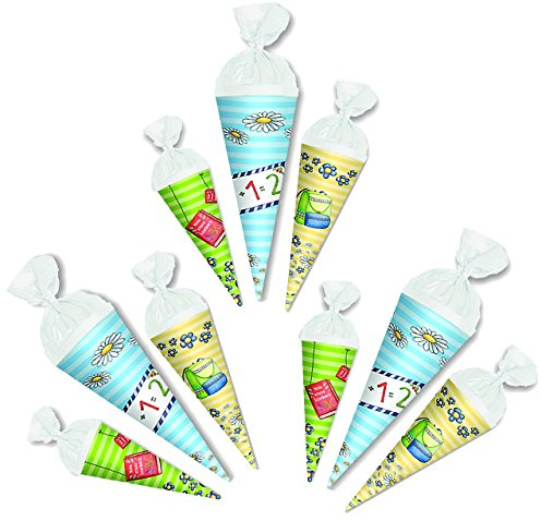 alles-meine.de GmbH 9 TLG. Set - Schultüten 10 + 12 + 16 cm - rund - Geschenktüte klein/Anhängetüte zum Aufhängen - Dekoration z.B: für Zuckertüte Deko/Tischdeko für Schulanf..
