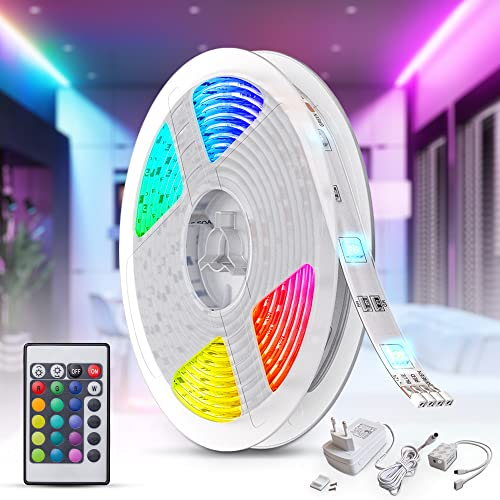 B.K.Licht - LED Strip 5m mit Fernbedienung, buntes RGB Licht, dimmbar, Farbwechsel, LED Streifen, Leiste, Zimmer deko, Gaming Deko, Band, Lichtleiste, Lichtband, 500 x 1 x 3 cm, Weiß