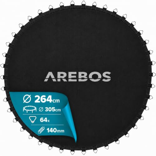 Arebos Trampolin Sprungmatte Ø 264 cm | für Trampoline mit Ø 305 cm, 64 Ösen und 140 mm Federlänge | Sprungtuch | 150 kg belastbar | 9-Fache Naht | Polypropylen | inkl. Federspanner