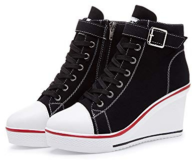 High-Top-Keilschuhe für Damen, EU-Größe 35-43, Leinen, Casual-Stil, für Frühling / Sommer, Keilabsatz, Schwarz - 09 Schwarz - Größe: 38 EU