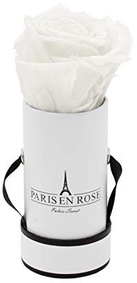 PARIS EN ROSE Rosenbox | mit einer weißen Infinity Rosen Größe XL | konservierte ewige Rose | runde Weiß-Schwarze Box |3 Jahre haltbar | Grußkarte