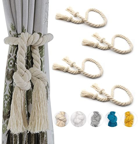 Yteseery 4 Pack Rope Curtain Tiebacks, Natural Cotton Curtain Holdbacks, Outdoor Curtain Tiebacks for Patio Gazebo Pergola Cabana, Decorative Curtain Tie for Rustic Farmhouse Village Theme, Beige