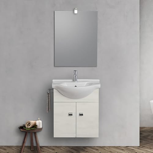 Inbagno Mobile bagno sospeso 55 cm Salvaspazio compatto, INCLUDE lavabo in ceramica specchio e lampada led (Rovere Ghiaccio)