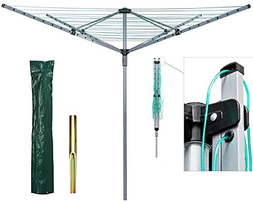 HMWD 40/50/60M Heavy Duty 4 Arm Outdoor Rotary Clothes Airer/Dryer Washing Line With Metal Ground Spike & Water Proof Protective Cover Included - Outdoor Laundry Washing Line socket (60m)