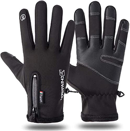 Aeromdale Warme Handschuhe für Herren und Damen, mit Reißverschluss, für kaltes Wetter, winddicht, wasserdicht, Radfahren, dickes Plüschfutter, rutschfeste Fäustlinge – Schwarz – XL