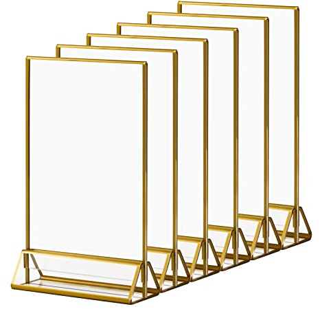 Boxalls Goldener doppelseitiger Bilderrahmen- 6 Pack, 10x15 cm Acryl klar Bild Tischkartenhalter vertikale Stand, Aufsteller im Staffelei-Stil Menü Halter Display für Hochzeit Tischnummer, Foto