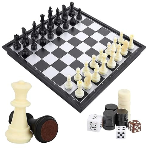 Vari Tablero di Scacchi Magnetico Gioco di Dama e Backgammon Set da Tavolo con Scacchiera Pieghevole Portatile per Viaggiare per Bambini e Adulti (Nero-3 IN 1)