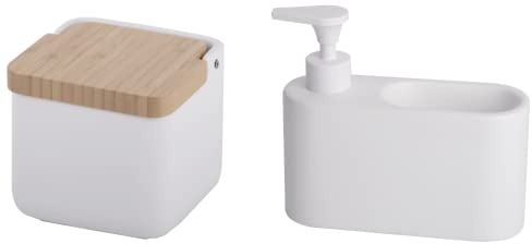 Set Salero y Dispensador de Jabón de Cocina, Cerámica, Blanco Mate | Incluye tarro con tapa basculante de bambú y jabonera con hueco para estropajo, accesorios de menaje