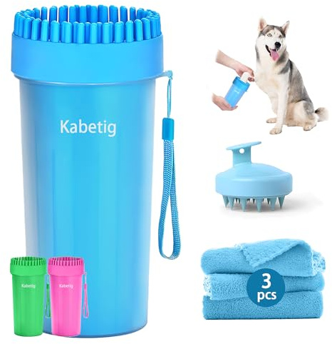 Kabetig Dog Paw Cleaner Kit for L/XL Dogs - Quick Clean No Full Bath, 2-in-1 Paw Wash Cup with Detachable Silicone Brush Head, Includes Bath Brush & 3 Absorbent Towels, Blue