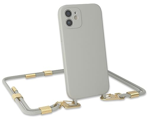 EAZY CASE - Handykette mit Karabiner kompatibel mit iPhone 14 Pro - Hülle Silikon Fallschutz Handyhülle für iPhone 14 Pro Kette zum Umhängen Schutzhülle mit Mikrofaser in Taupe - Clips Gold