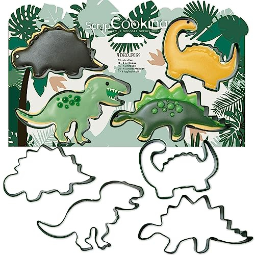 ScrapCooking 2085 - Cortador de galletas de metal (4 moldes de dinosaurios para magdalenas, accesorios para repostería de cumpleaños, decoración de la jungla animal)