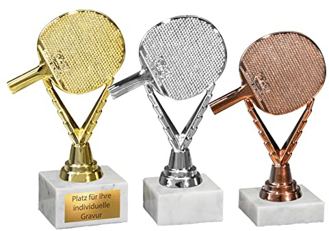 eberin · Tischtennis Pokal mit Wunschgravur · Tischtennisschläger Gold/Silber/Bronze auf Marmorsockel weiß · Tischtennisturnier Pokal in 3 Größen erhätlich