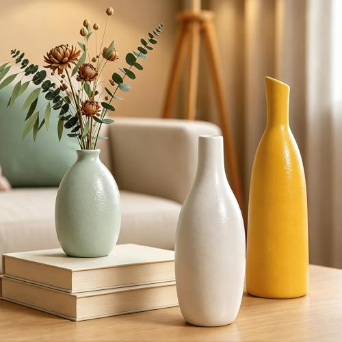 Vasen Keramik 3er Set 22+20+12cm Höhe, Blumenvasen Moderne Deko Aesthetic, Vasen für Pampasgras Blumen Tischdeko Tulpenvase Bücherregal Kaminsims Wohnzimmer Schlafzimmer Büro Hochzeit Geschenk