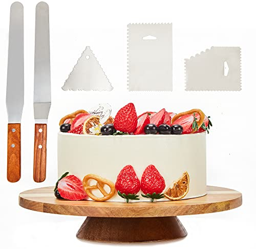 12 Acacia Wood Revolving Cake Stand, 2 High Rotating Cake Turntable with 2 Icing Spatulas, 3 Smoothers, Wooden Rotating Display Stand for Cake, Cupcake Decorating Supplies