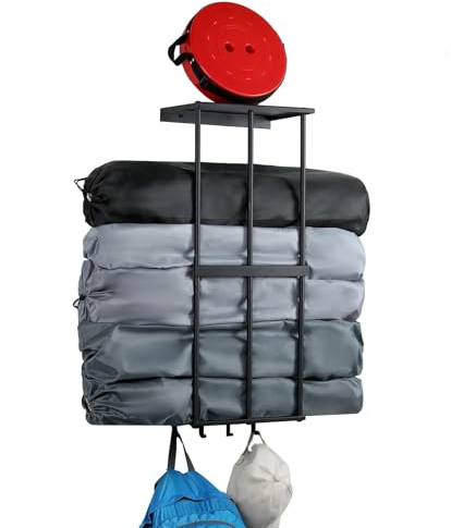 Ansonation Camping Chair Rack for Garage Storage, Metal Camping Beach Chair Umbrella Holder Wall Mounted Rack Organizer Floating Shelf with 4 Hooks for Garage Organization