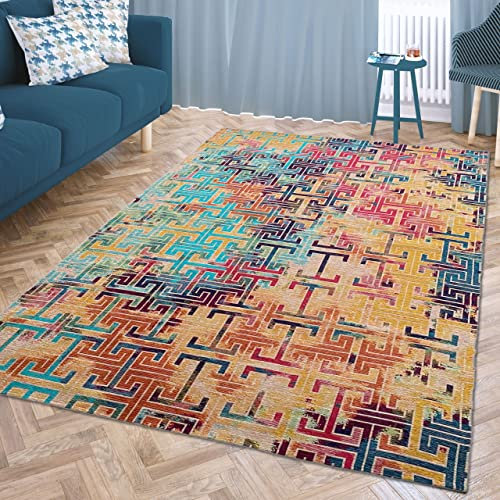 CARPETIA Teppich Wohnzimmer Vintage Abstrakt Kreatives Muster Kurzflor Maschinengewebt Hautsympathisch – bunt, 135 x 200 cm