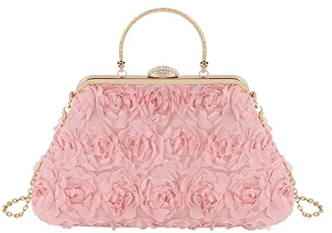 MilyaDE Damen Clutch Blumen Elegante Brauttasche Hochzeit Party Kleidertasche Abendtasche Handtasche mit Kette Kiss Lock