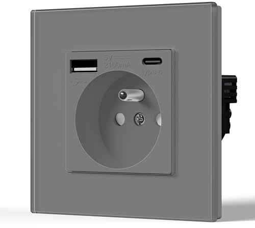 BSEED Prise Murale avec USB et Type C, Prise de courant en Verre avec USB 2.1A courant 16 Amp 240V 86mm Gris