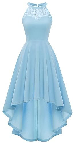 Bbonlinedress Sommerkleid Damen Neckholder High Low Kleid festliches Cocktailkleid Brautkleid Abendkleider elegant für Hochzeit-1Blue L