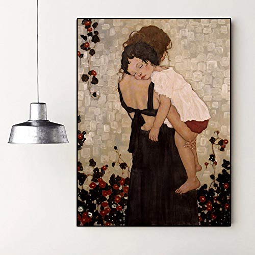 HOLEILUCK Eine Mutter mit Kind Gustav Klimt – klassischer Künstler, schwarz gerahmte Drucke, Gemälde auf Leinwand, Wandkunst, Bilder, Heimdekoration, 30 x 50 cm/12 x 20 Zoll mit schwarzem Rahmen