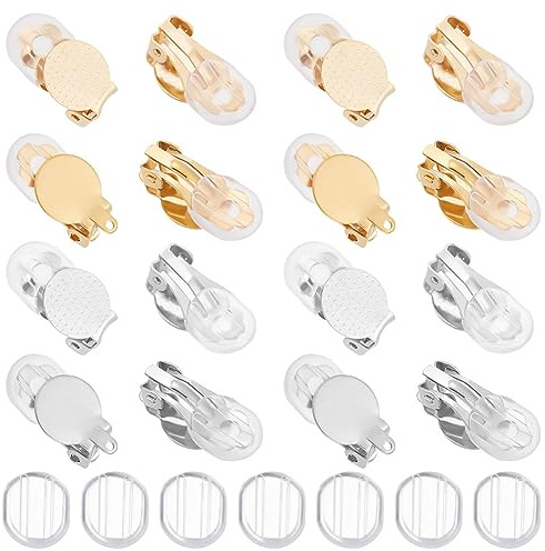 Beebeecraft 1 Box 96 Stück Clip-On-Ohrringzubehör Edelstahl Flaches Rundes Tablett Ohrringe Konverter Cabochon Mit Ohrmuttern Für Damen Ohrring-Schmuckherstellungszubehör