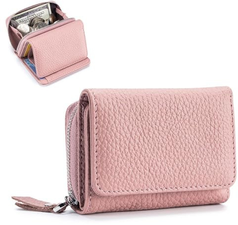 ZhaoCo Kleine Geldbörse Damen mit Münzfach & RFID-Schutz, Echtes Leder Mini Portemonnaie Geldbeutel Kreditkartenetui für Frauen Mädchen - Rosa