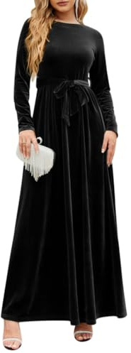 Minetom Samtkleid Damen Langarm Abendkleid Elegant Herbst Winter Rundhals Hochzeit Festliches Kleider A-Linie Partykleid Cocktailkleid Maxikleid A Schwarz XXL