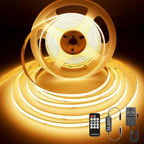 BERIXDEEP COB LED Strip 3m, Dotless LED Strip with Remote and Power Supply, DC24V, CRI>90, 8mm Width, Dimmable Strip Lights for Bedroom Decoration, Warm White 2700K