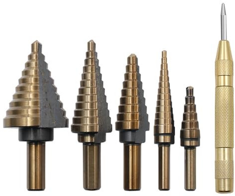 ChgImposs 5-teiliges Stufenbohrer-Set, titanbeschichteter Hochgeschwindigkeitsstahl, kurze Länge, Bohrer-Set für mehrere Löcher, mit automatischem Körner, Aluminiumbox
