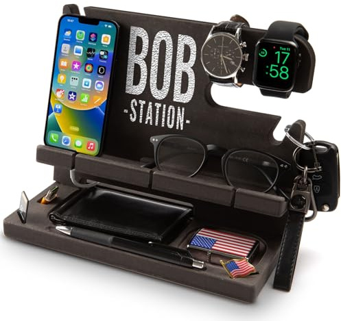 Greta Oto Personalisiert Holz Dockingstation für Handy, Tablet, Geldbörse, Gadgets, Uhr, Schlüssel, Accessories, Ablage für Arbeitstisch, Nachttisch,Geschenke für Männer