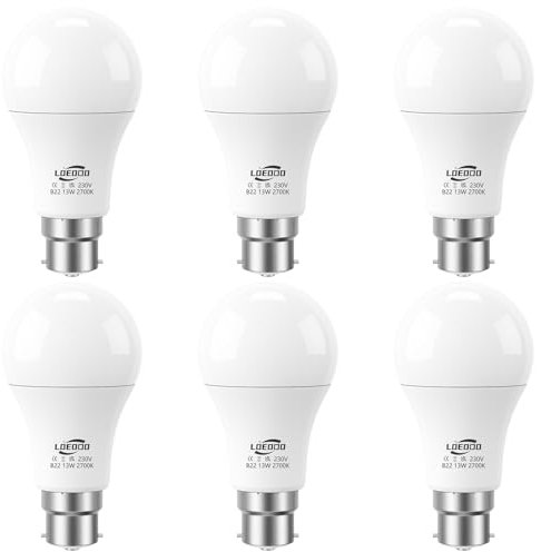 LOEODO B22 Bayonet LED Bulbs 100W Equivalent, 13W Light Bulb, 1200 Lumens, 2700K Warm White, A60 Energy Saving Lightbulbsb, Non-Dimmable, Pack of 6