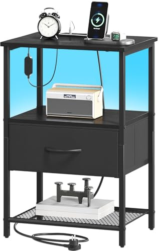 Somdot Bedside Table, Charging Station & LED, 1 Drawer, Black