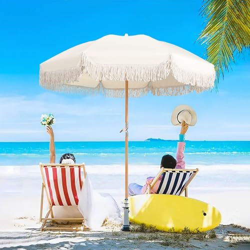 Parasol de plage Parapluie de 6 pieds avec parasol de plage à franges avec parasol inclinable Protection UV Parasol de table portable 8 nervures Parasol de jardin extérieur imperméable pour patio arr