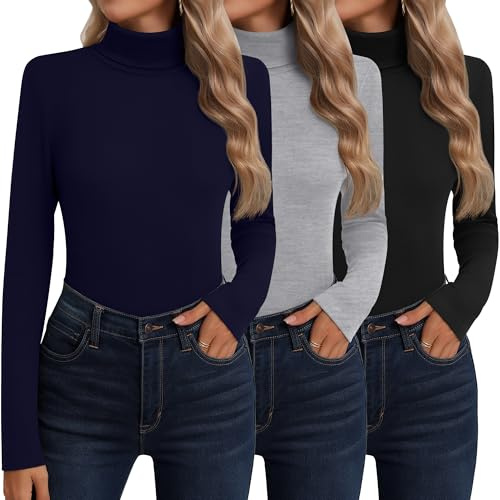 Neer 3er Pack Damen Rollkragen Baumwolle Langarm Ärmeln Thermo Unterwäsche Basisschicht Herbst Winter Shirts Pullover